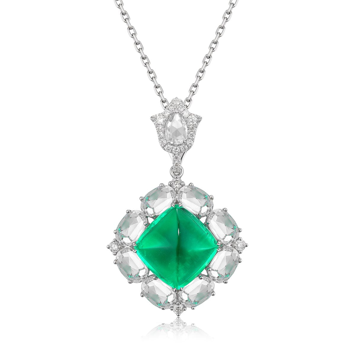 18k white gold  lab diamond with emerald necklace