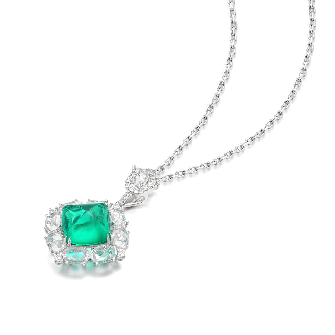 18k white gold  lab diamond with emerald necklace