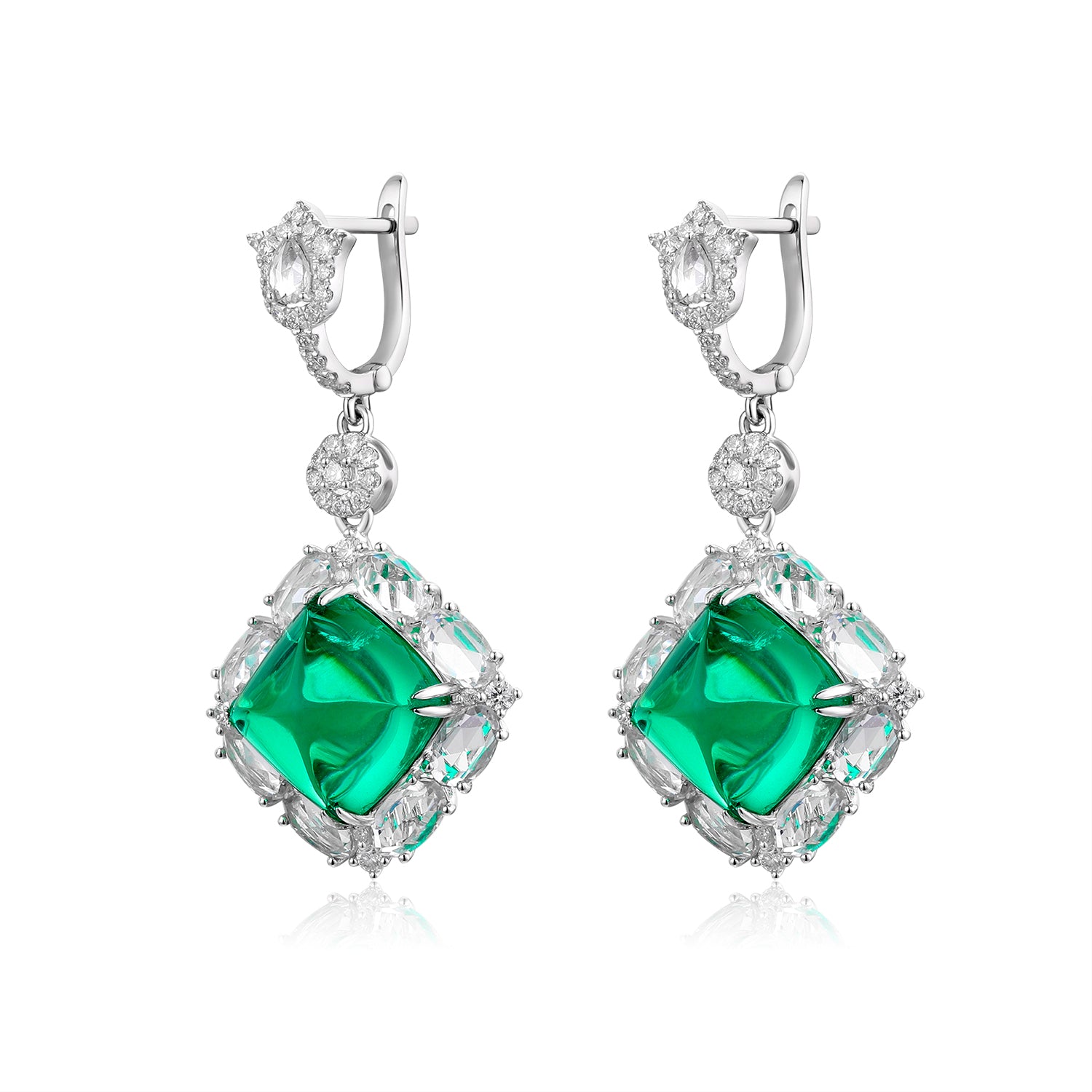 18k white gold lab diamond and emerald earrings