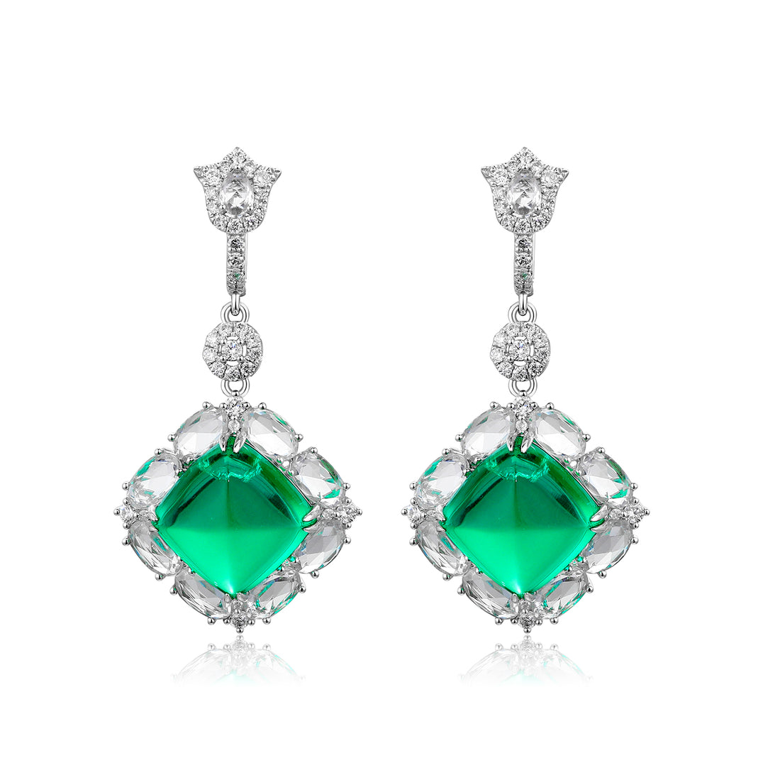 18k white gold lab diamond and emerald earrings