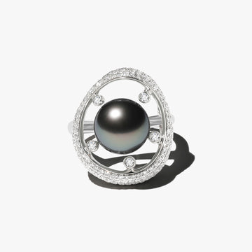 18K White Gold Tahitian black Pearl And Diamond Ring