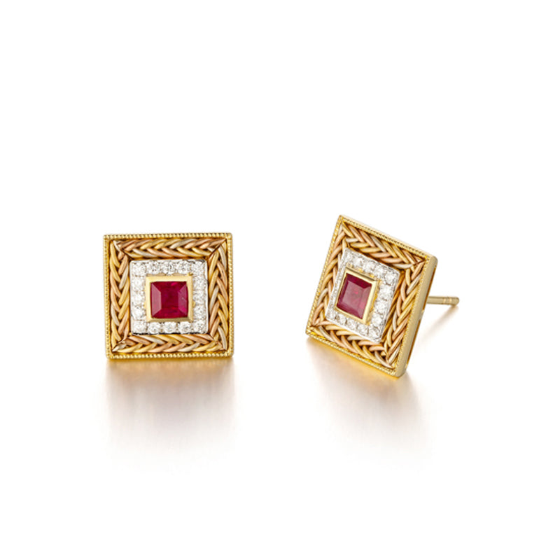 18k hand knitting yellow gold diamond with ruby earrings