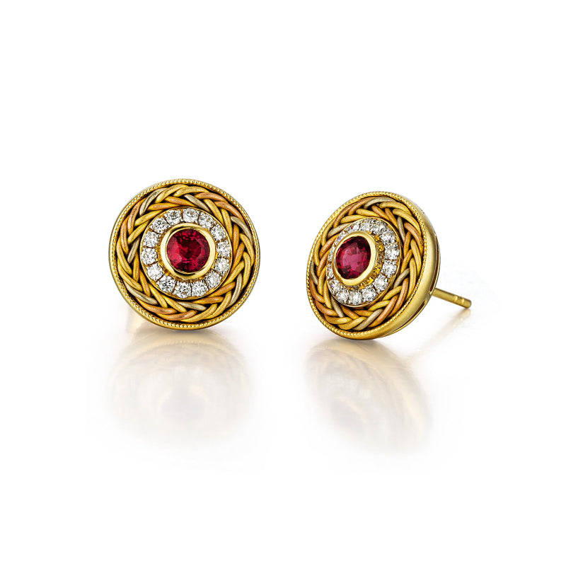 18k hand knitting yellow gold diamond with ruby earrings