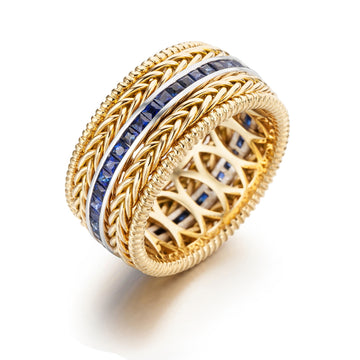 18k hand knitting yellow gold with sapphire ring