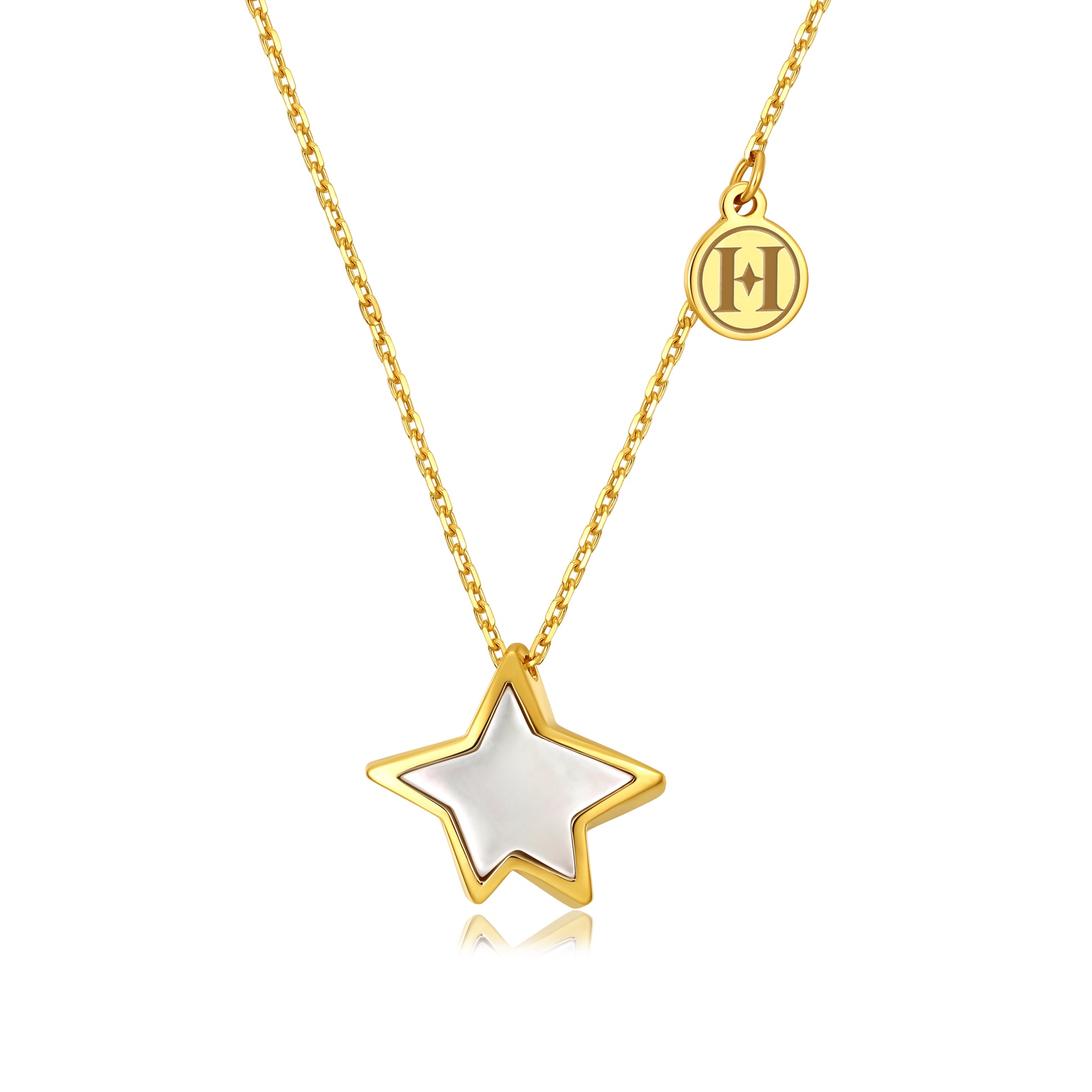 18k yellow gold star necklace with mothet pearl shellfish