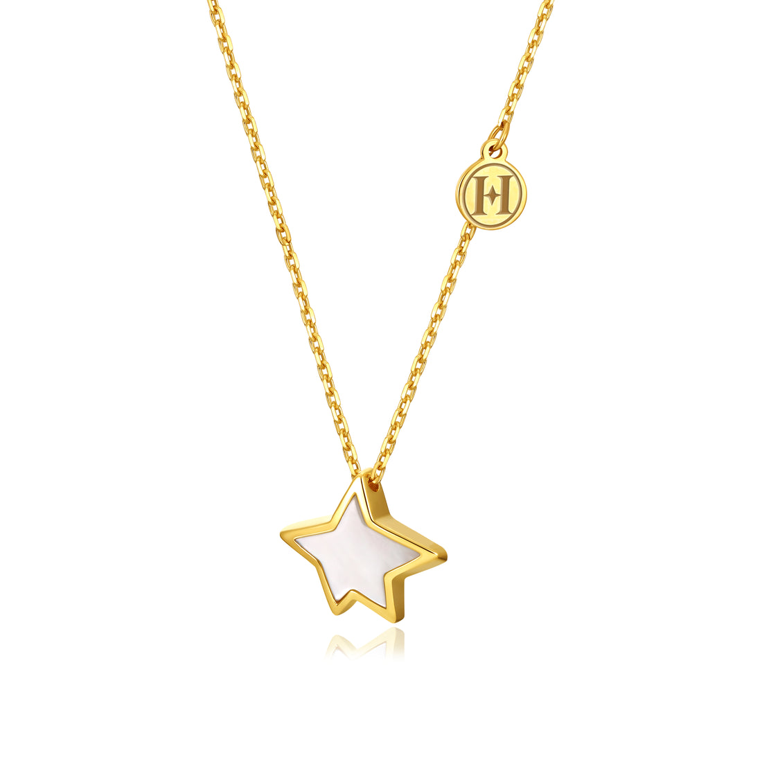 18k yellow gold star necklace with mothet pearl shellfish